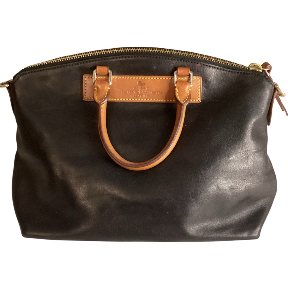 Dooney & Bourke Black Leather Satchel with Tan Trim